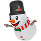 Inflatable hanging snowman with black hat and red striped scarf, arms out