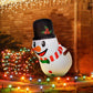 Inflatable snowman decoration with black top hat and red striped scarf, smiling face