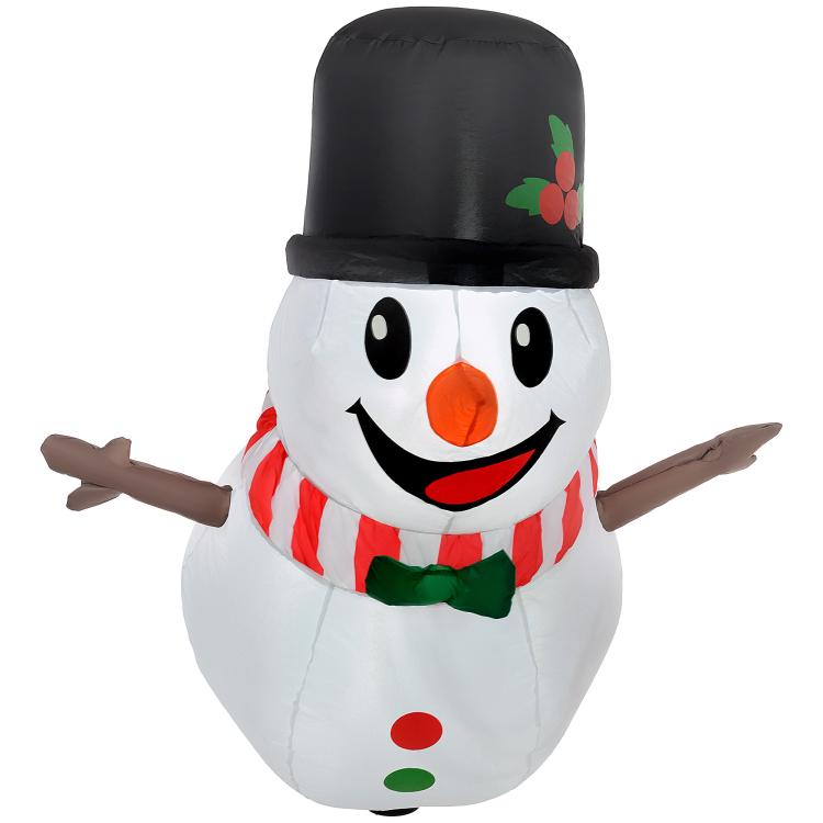 Inflatable snowman with black top hat, red striped scarf, carrot nose, arms out