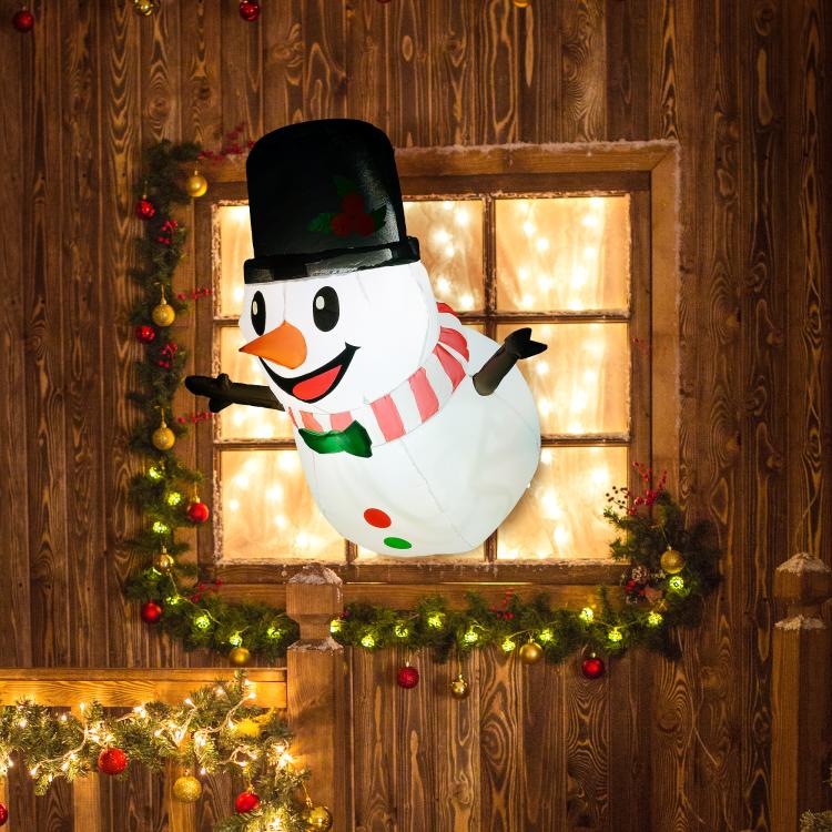 Inflatable hanging snowman with glowing LED lights, black top hat and striped scarf