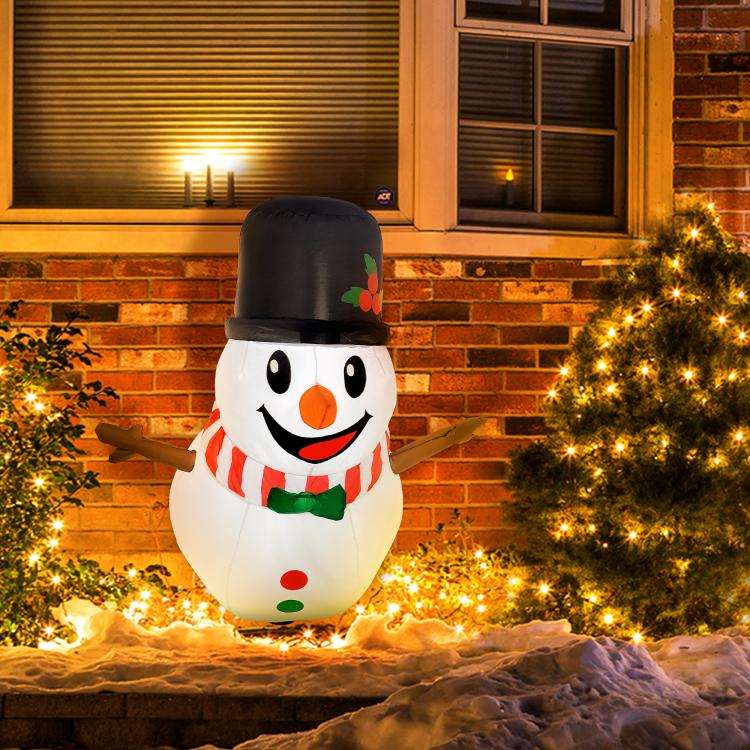 Inflatable hanging snowman with glowing LED lights, black hat and red striped scarf