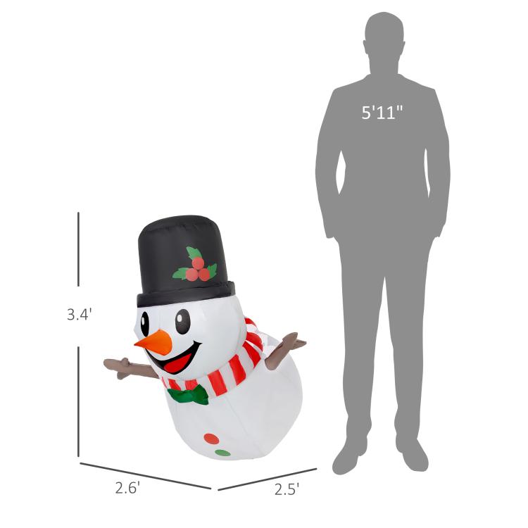 3.4 ft inflatable hanging snowman with black top hat, striped scarf, size diagram