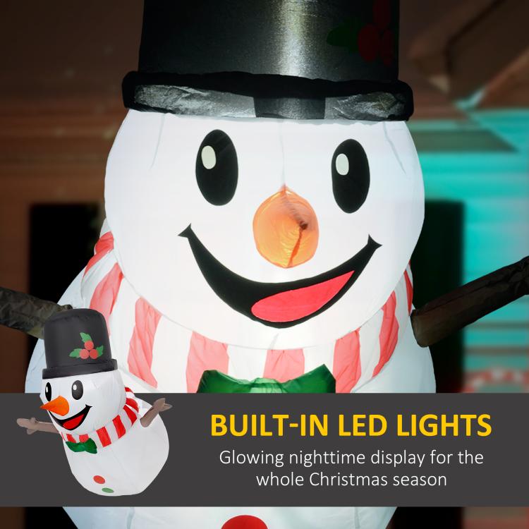 Close-up inflatable snowman face with glowing orange LED nose, black top hat