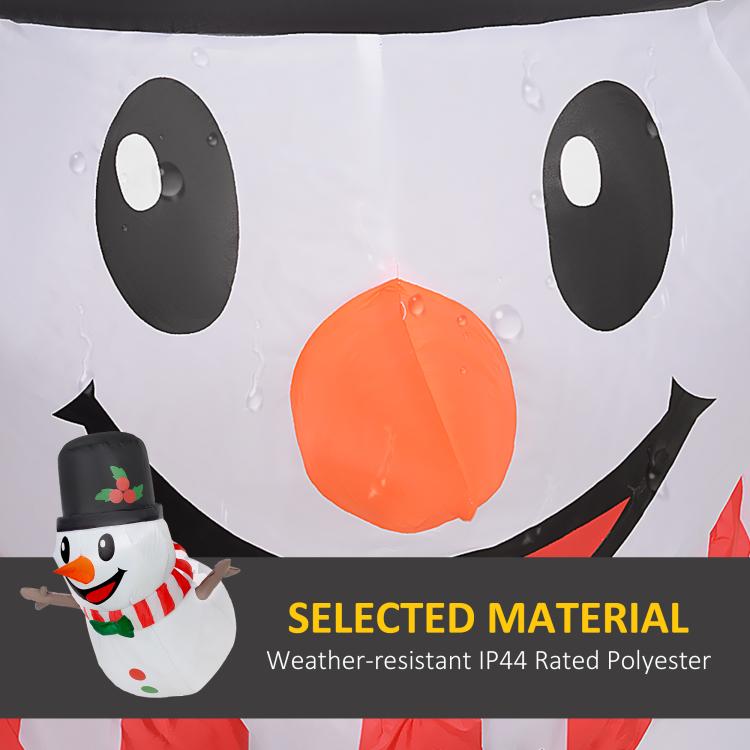 Inflatable snowman face close-up with glowing orange LED nose, black top hat