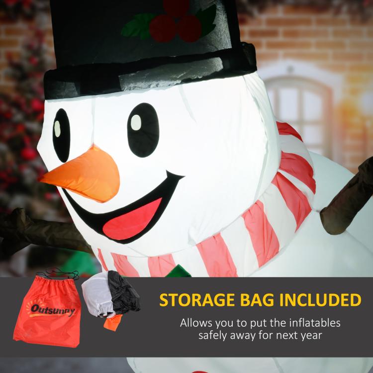 Inflatable hanging snowman with storage bag included, black top hat and striped scarf