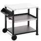 Black outdoor grill cart table with stainless top, lower shelves, and caster wheels