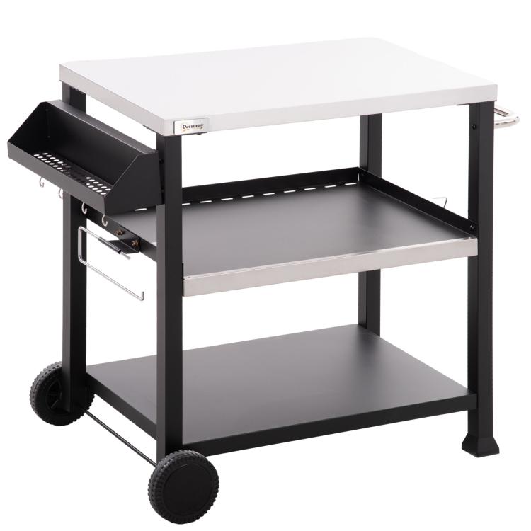 Black outdoor grill cart table with stainless top, lower shelves, and caster wheels