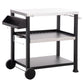 Black 3-shelf grill cart table with side tray, storage drawer, and caster wheels