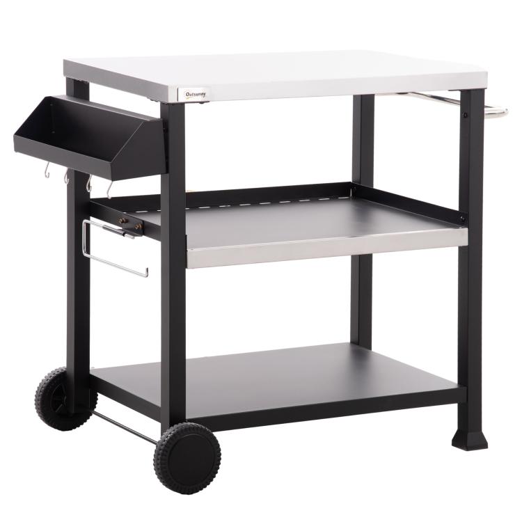 Black 3-shelf grill cart table with side tray, storage drawer, and caster wheels