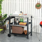 Black grill cart with stainless top and three storage shelves, baskets and side handle