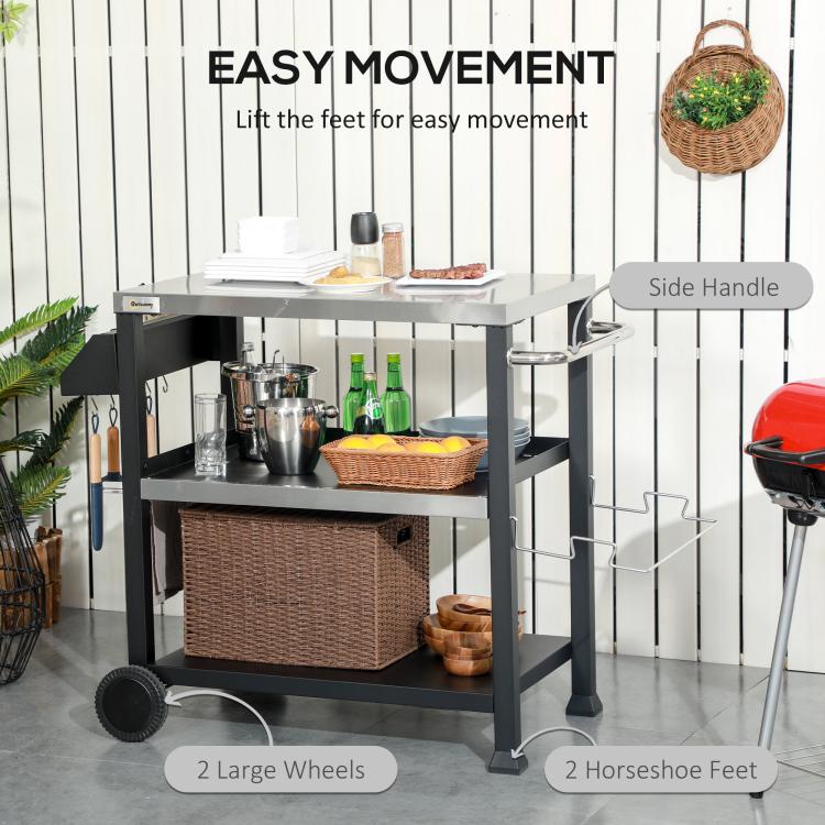 Black 3-tier grill cart with stainless tabletop, side handle, and two large wheels