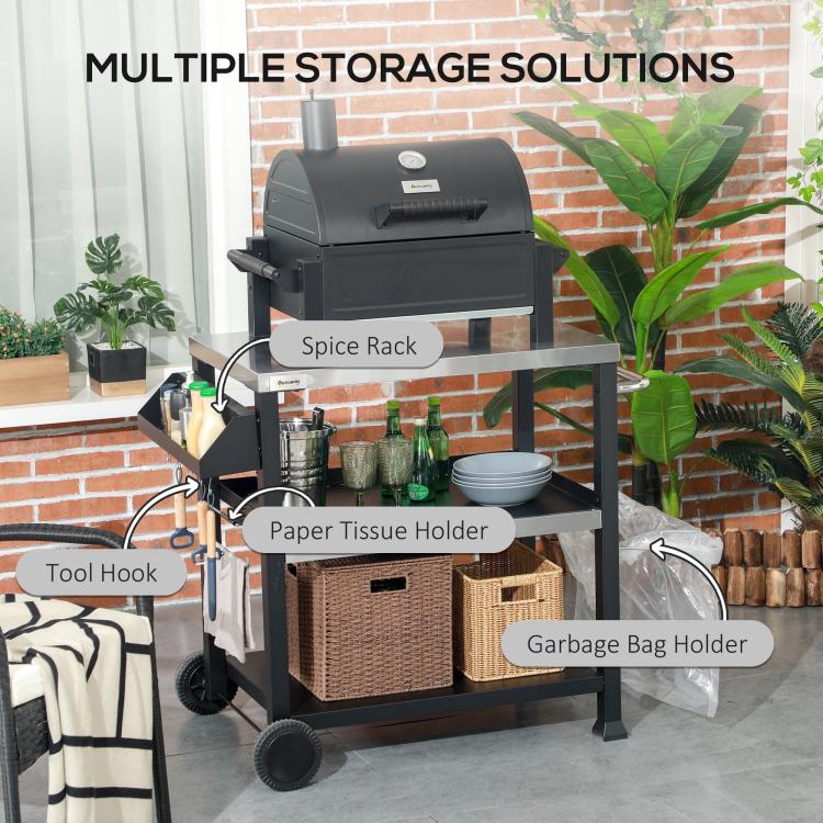 Black grill cart with upper side rack, hooks, and three storage shelves