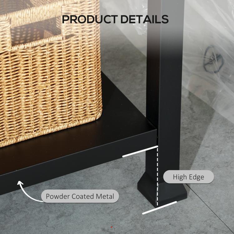 Black powder-coated base with high edge and wicker storage basket on grill cart shelf
