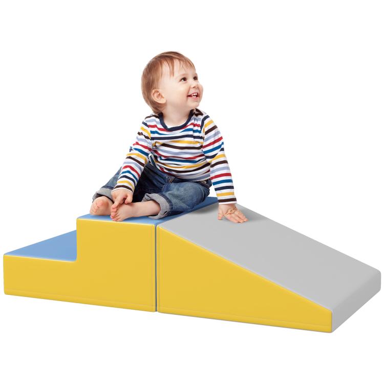 Modular foam climb-and-crawl activity set with blue, yellow, and gray steps