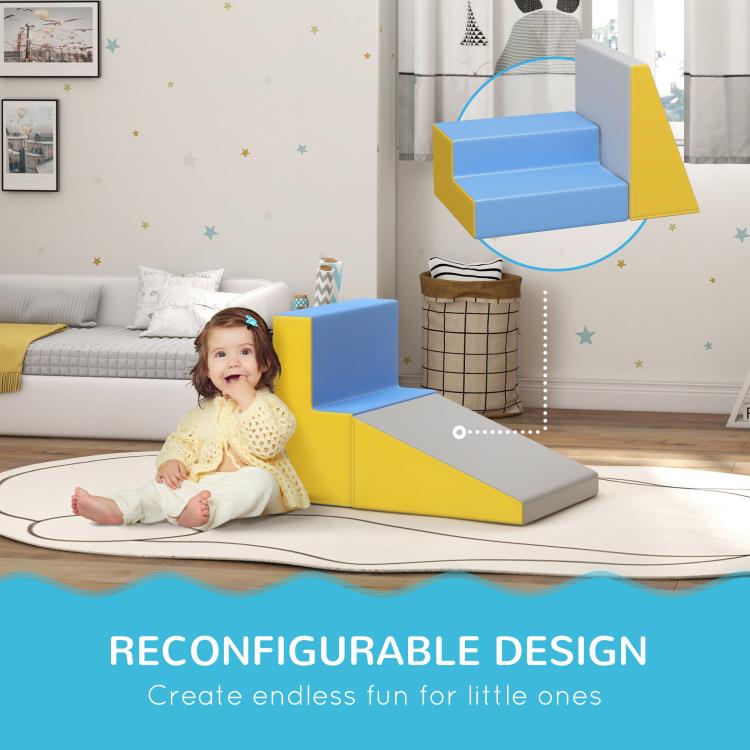Modular foam slide and steps set with blue treads, yellow supports, and gray base