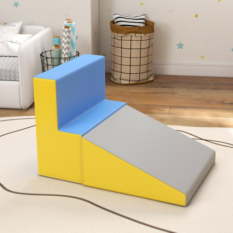Modular foam slide and steps play set in blue, yellow, and gray