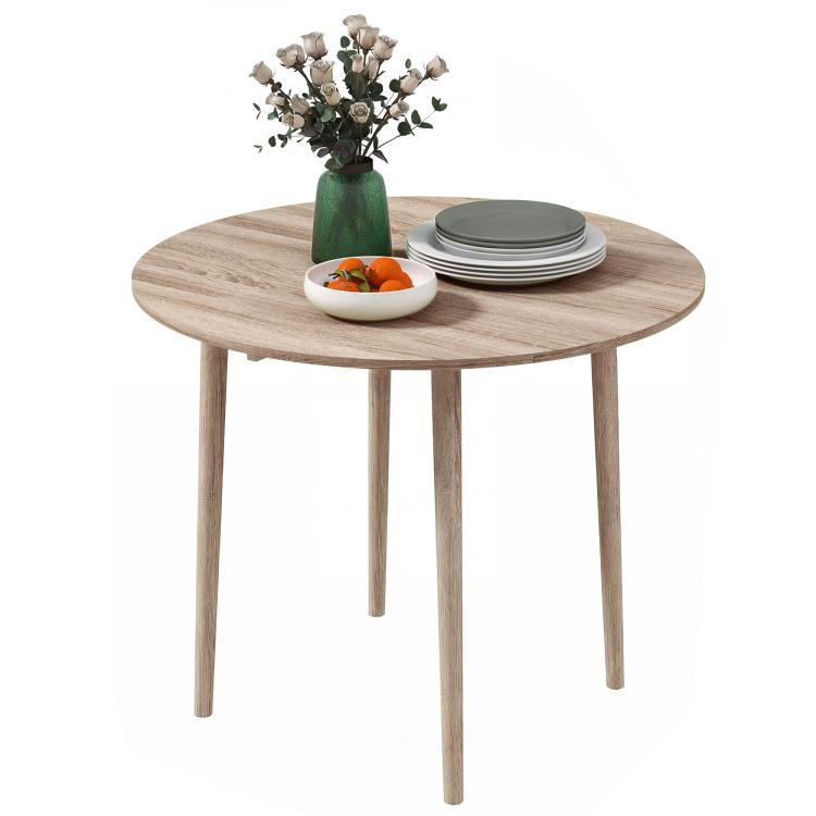 Round drop-leaf dining table, light oak wood top with four slender legs
