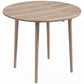 Oak round dining table with drop-leaf style top and four wooden legs