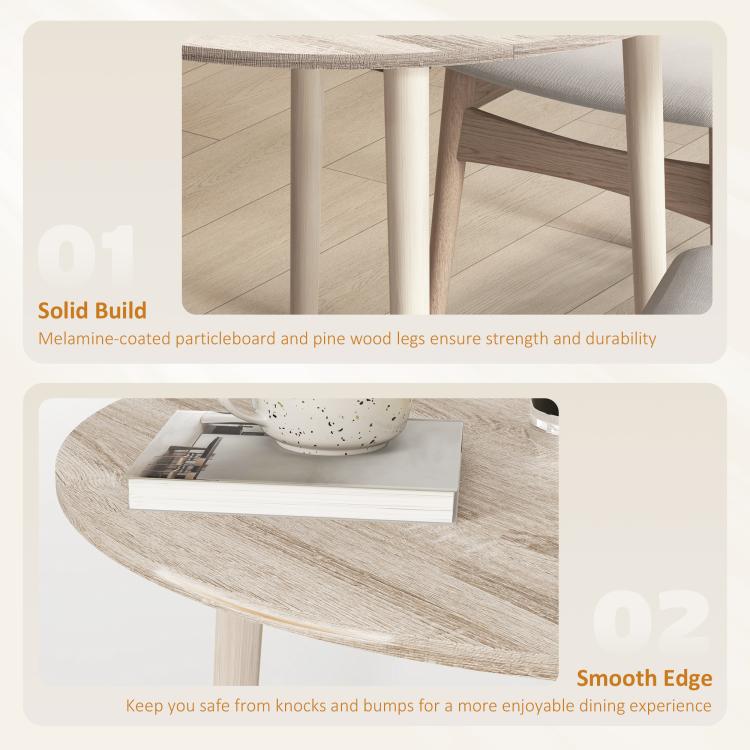 Close view of round drop-leaf table legs and tabletop edge details in light oak tone