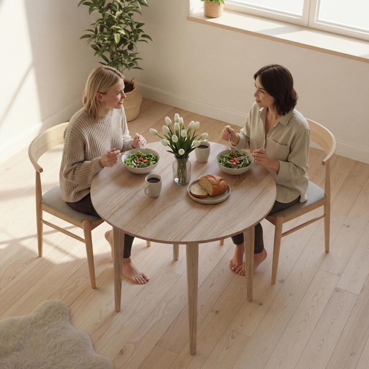Round drop-leaf dining table with light oak tabletop and wooden legs for small dining space