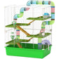 Green multi-tier hamster cage with clear wire walls, ramps, wheel and water bottle
