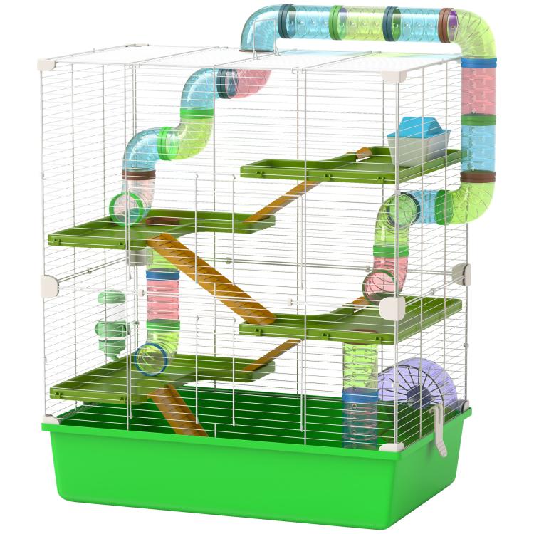 Green multi-tier hamster cage with clear wire walls, ramps, wheel and water bottle