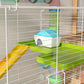 Green 5-tier hamster cage with ramp, platforms, and plastic bin tray