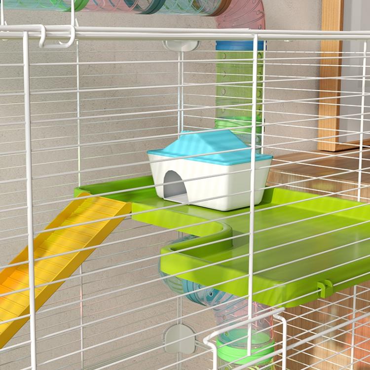 Green 5-tier hamster cage with ramp, platforms, and plastic bin tray