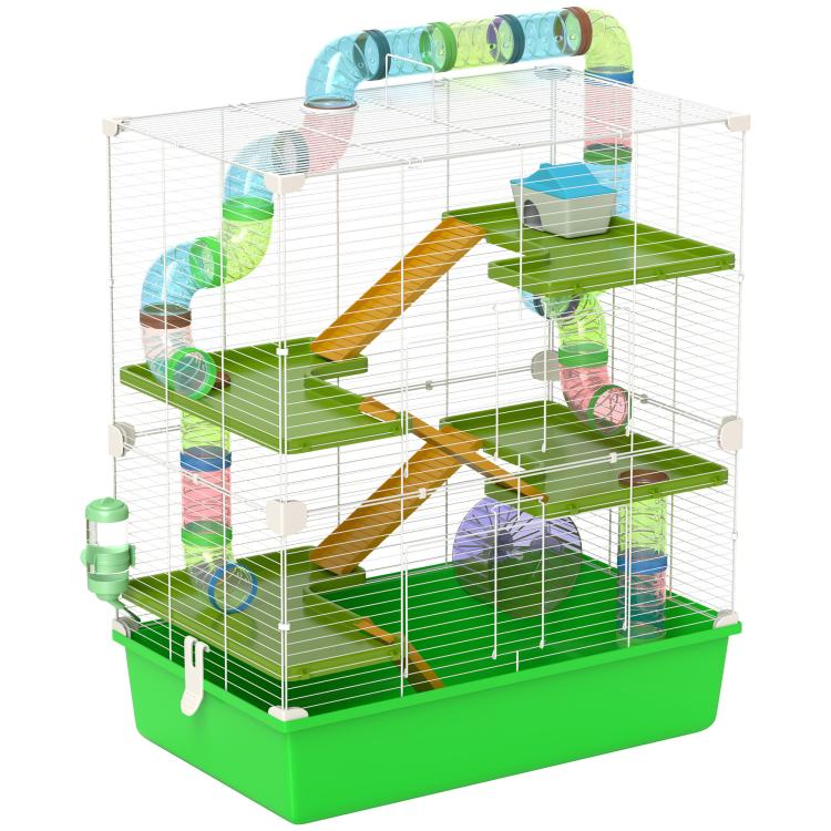Green 5-tier hamster cage with wheel and water bottle, ramps, and platforms