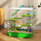 Green 5-tier hamster cage on floor with wire enclosure, ramps and exercise wheel