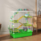 Green 5-tier hamster cage with wire enclosure, ramps and wheel for indoor use
