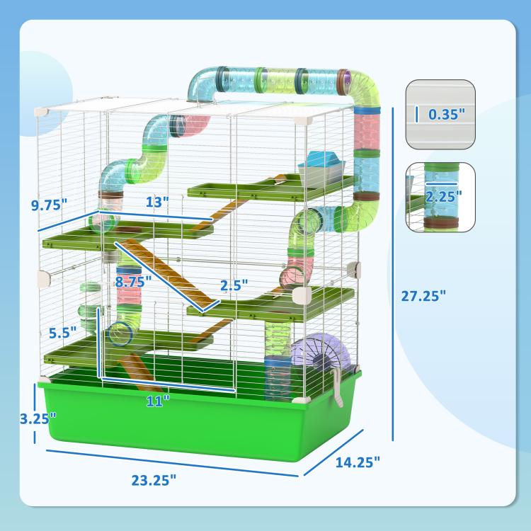 Green 23-inch hamster cage with 5 tiers, ramps, wheel, water bottle, clear wire sides