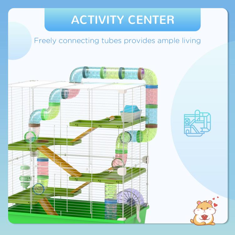 Green 5-tier hamster cage activity center with tubes, ramps, wheel and water bottle