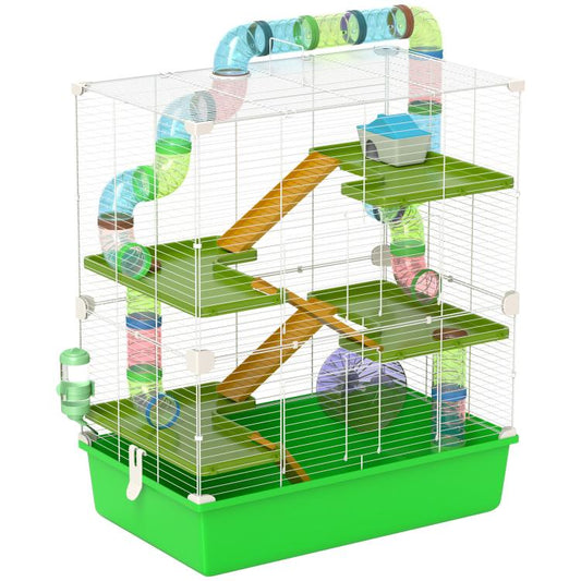 Green 23-inch 5-tier hamster cage with ramps, wheel, water bottle, multi-level platforms