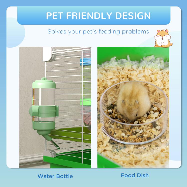 Green 5-tier hamster cage with water bottle and food dish, ramps and exercise wheel