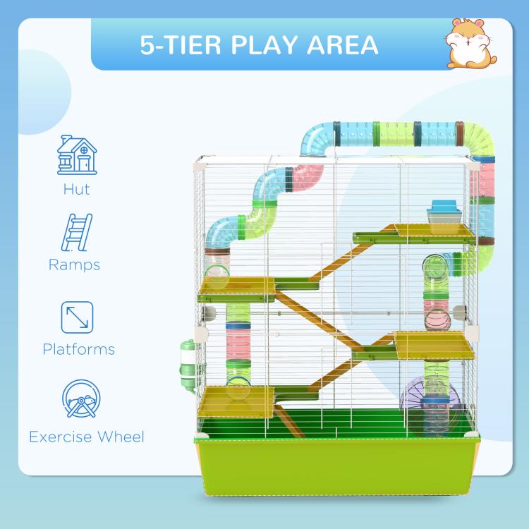 Green 5-tier play area hamster cage with ramps, platforms, and exercise wheel