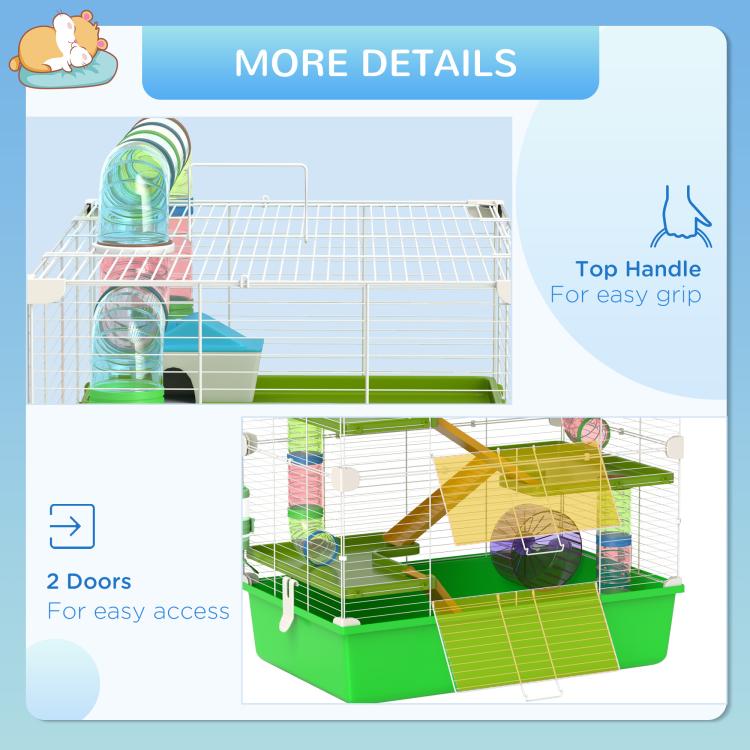 Green 5-tier hamster cage with top handle and two doors, ramps and wheel