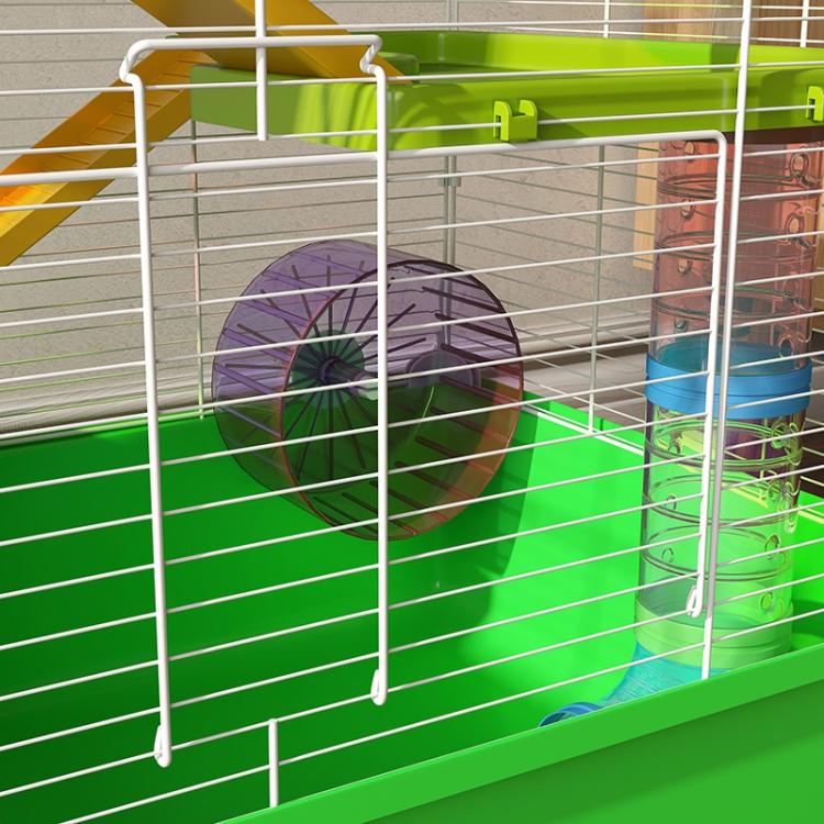 Green hamster cage enclosure with front door bars and purple exercise wheel detail