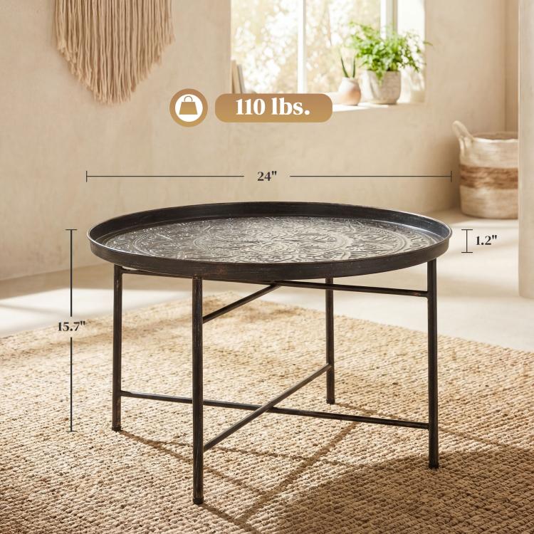 24-inch round coffee table with hammered tray top and dark metal frame, compact height