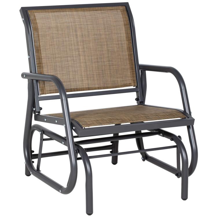 Outdoor glider chair with curved armrests and brown woven mesh seat and backrest
