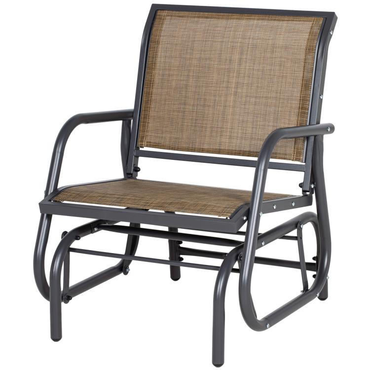 Outdoor glider chair showing wide seat cushion and curved metal armrests in dark finish