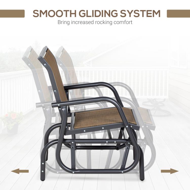 Outdoor glider chair angled view, dark steel frame and brown mesh back and seat