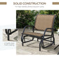 Outdoor glider chair with brown woven mesh seat, dark metal curved glider arms