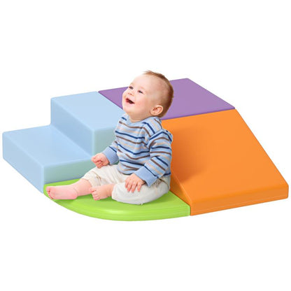 Foam play set with blue, purple, orange and green slide ramps, with toddler