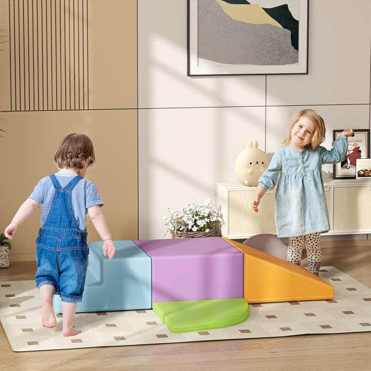 Foam play set with blue, purple, orange and green steps and ramp for crawling