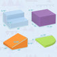 Multicolor foam play set pieces shown with size dimensions: blue, purple, orange, green