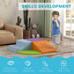 Foam play set with blue, purple, orange and green ramps in a living room