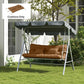 Tan tufted bench cushion set on outdoor swing with two matching throw pillows