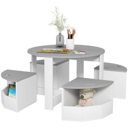 Gray kids table and chairs set with storage cubes and round tabletop