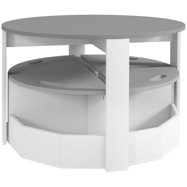 Round gray kids table with enclosed storage base and matching chair seats